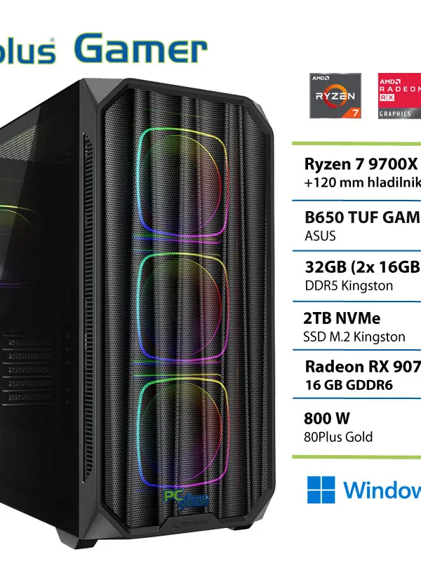 PCPLUS Gamer Ryzen 7 9700X 32GB 2TB SSD RX 9070XT Windows 11 Home gaming namizni računalnik