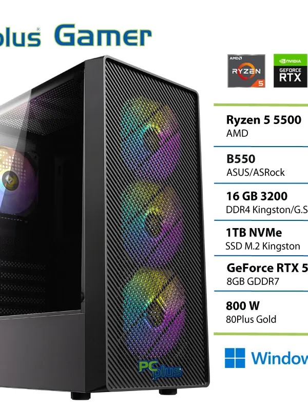 PCPLUS Gamer Ryzen 5 5500 16GB 1TB SSD RTX 5060Ti 8GB Windows 11 Home gaming namizni računalnik
