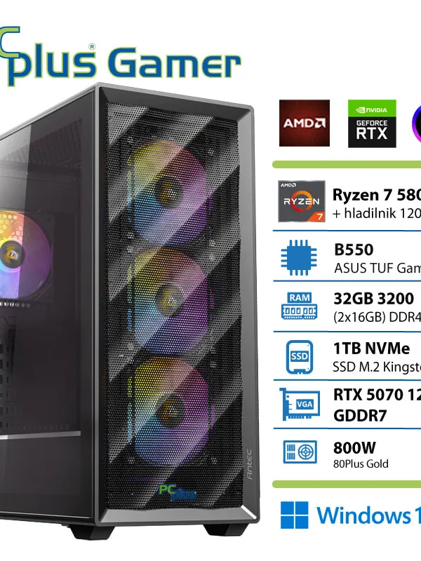 PCPLUS Gamer Ryzen 7 5800X 32GB 1TB SSD RTX 5070 12GB Windows 11 Home gaming namizni računalnik