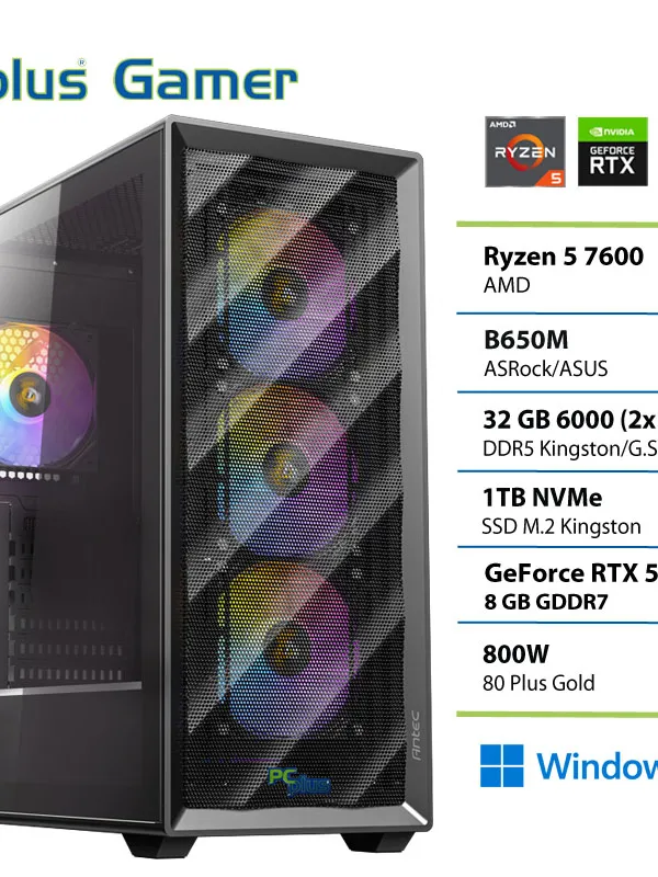 PCPLUS Gamer Ryzen 5 7600 32GB 1TB SSD RTX 5060Ti 8GB Windows 11 Home gaming namizni računalnik