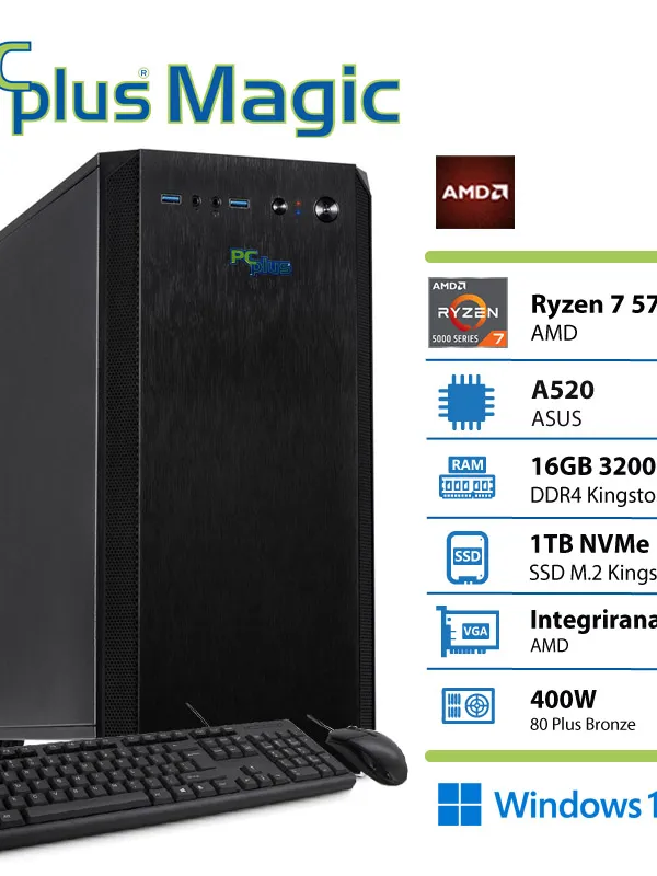 PCPLUS Magic Ryzen 7 5700G 16GB 1TB SSD Windows 11 Home tipkovnica miška namizni računalnik