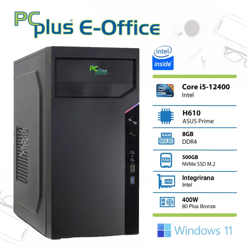 PCPLUS e-Office i5 12400 8GB 512GB SSD Windows 11 Home namizni računalnik