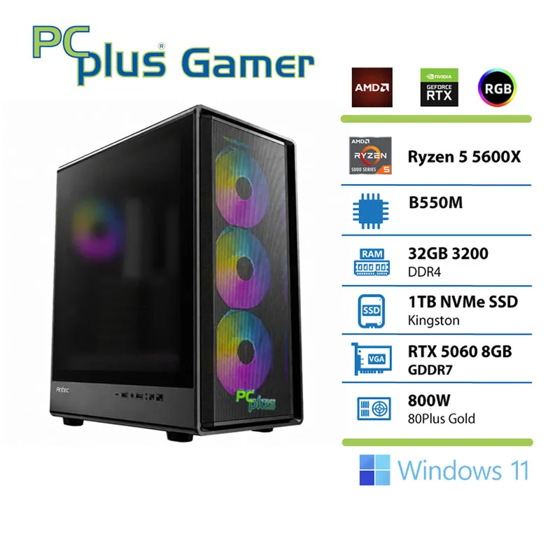 PCPLUS Gamer Ryzen 5 5600X 32GB 1TB RTX 5060 OC 8GB Windows 11 Home gaming namizni računalnik