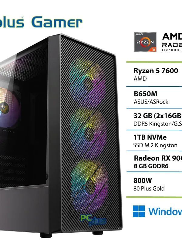 PCPLUS Gamer Ryzen 5 7600 32GB 1TB SSD Radeon RX 9060XT 8GB Windows 11 Home gaming namizni računalnik