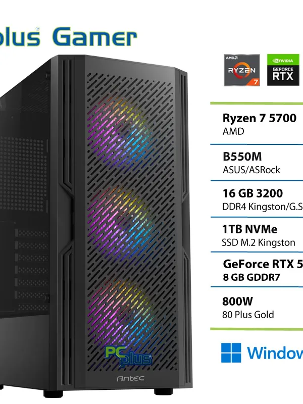 PCPLUS Gamer Ryzen 7 5700 16GB 1TB RTX 5060 8GB Windows 11 Home gaming namizni računalnik