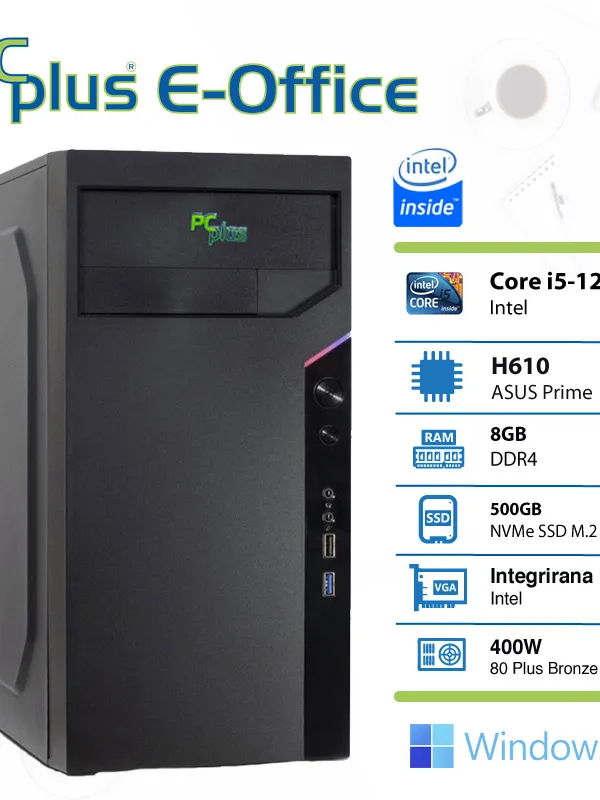 PCPLUS e-Office i5 12400 8GB 512GB SSD Windows 11 Home namizni računalnik