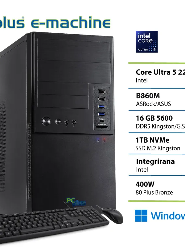 PCPLUS e-machine Core Ultra 5 225 16GB 1TB SSD Windows 11 Home tipkovnica miška namizni računalnik