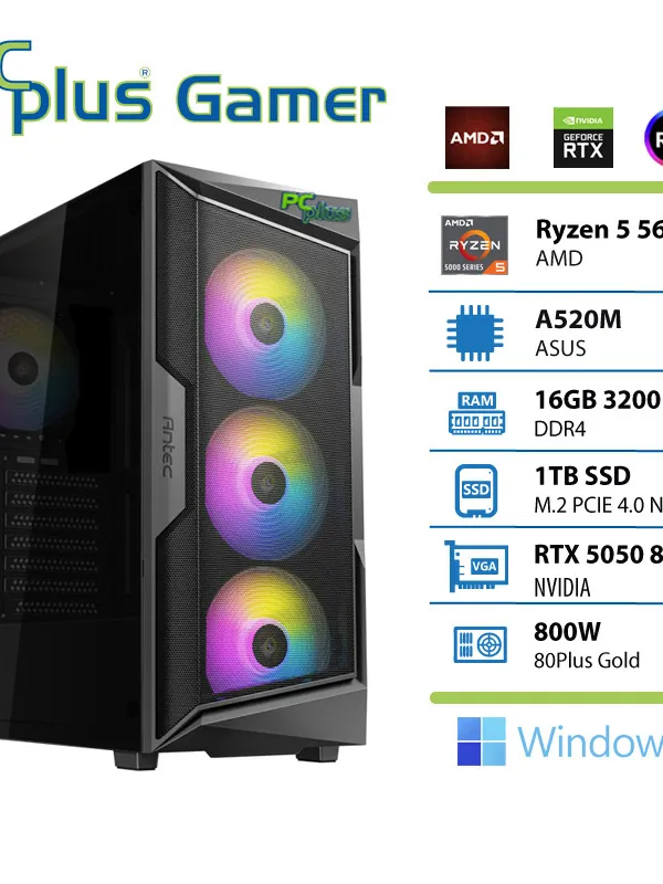 PCPLUS Gamer Ryzen 5 5600X 16GB 1TB SSD RTX 5050 8GB Windows 11 Home gaming namizni računalnik